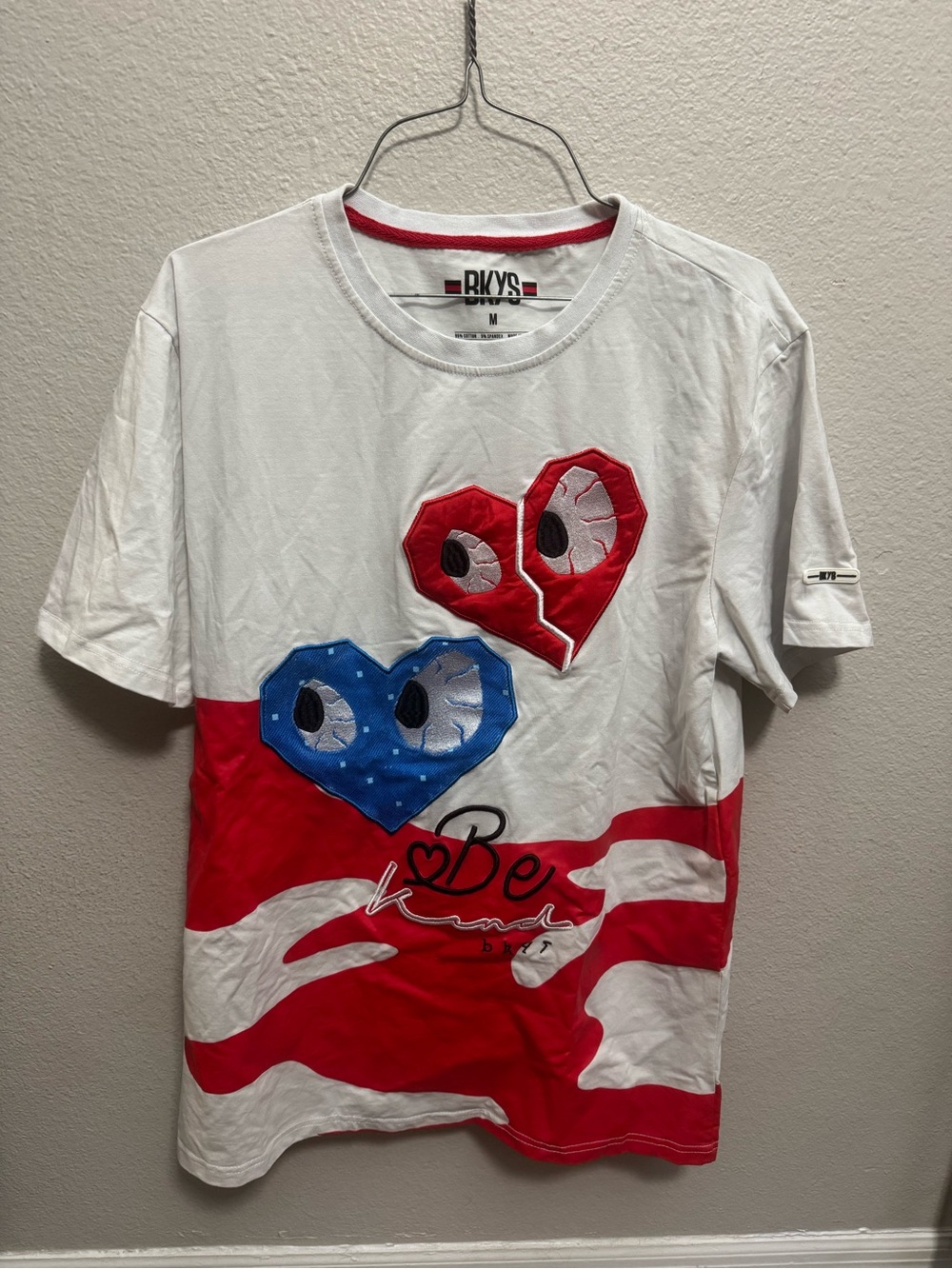 BKYS White Short Sleeve Tee with Red & Blue Heart Graphics